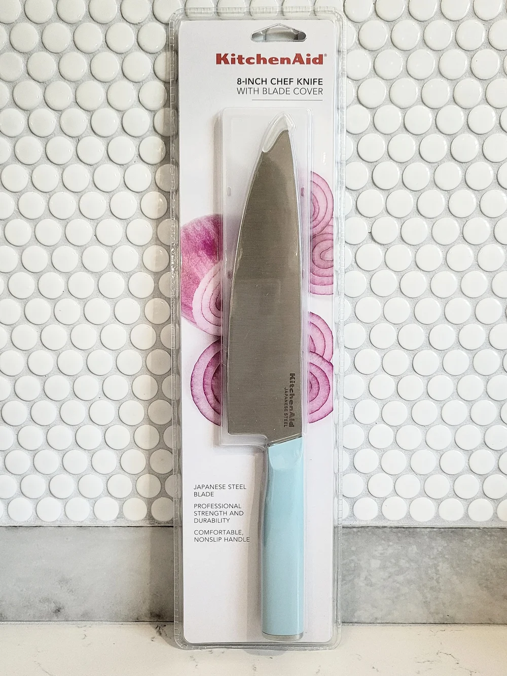 KitchenAid 8-Inch Chef Knife in Light Blue with Blade Cover